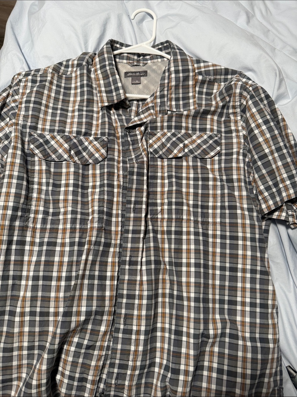 Eddie Bauer Short-Sleeve Plaid Button-Down Shirt in Gray, Brown, White